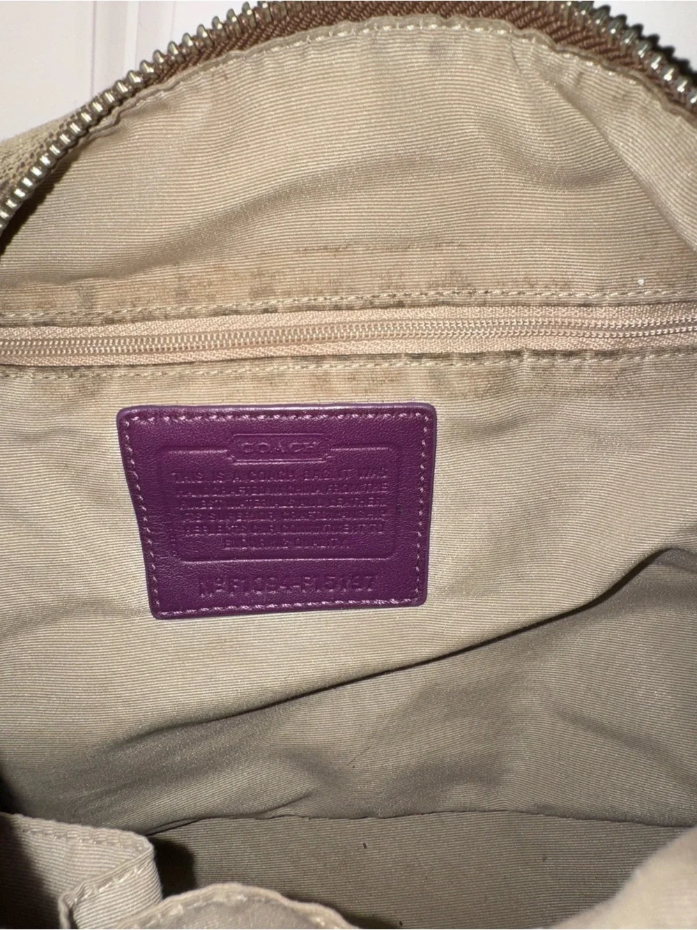 Coach Khaki Signature Canvas Shoulder Bag with Purple Trim